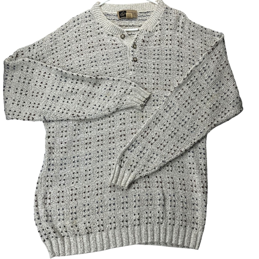 Lord & Taylor Sweater Henley Mens XL Beige Cotton Blend Vintage Made in USA Knit